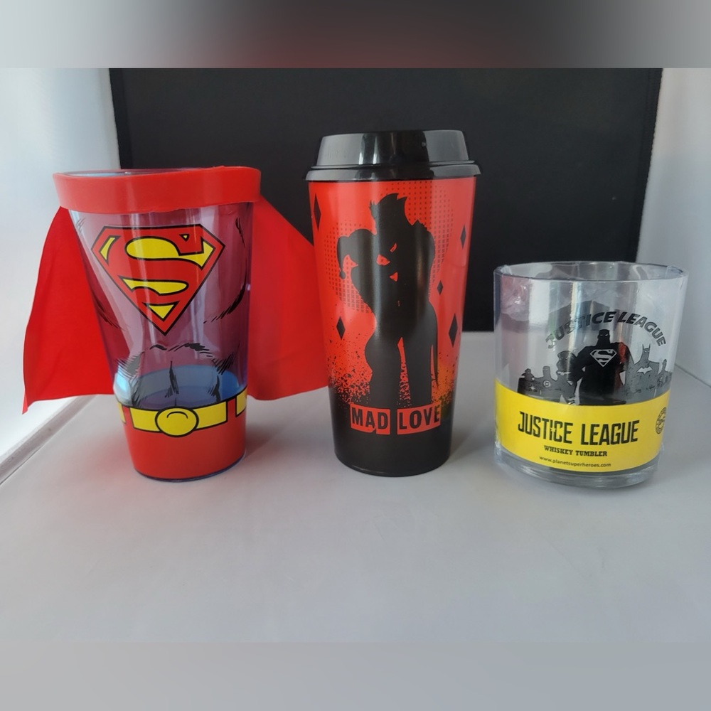 3-DC Comics Harley Quinn, Joker, Justice League Whiskey/Pint/Travel Cup/Tumbler